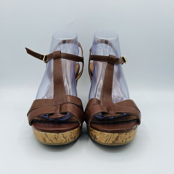Franco Sarto Shoes Womens Size 10 M Brown Milby Cork Wedge Sandals T-Strap - Picture 4 of 14